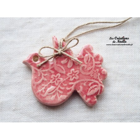 Colombe en céramique, couleur rose impression fine dentelle