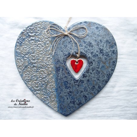 Coeur Joséphine en céramique, couleur bleu gauloise, impression "Damassé"